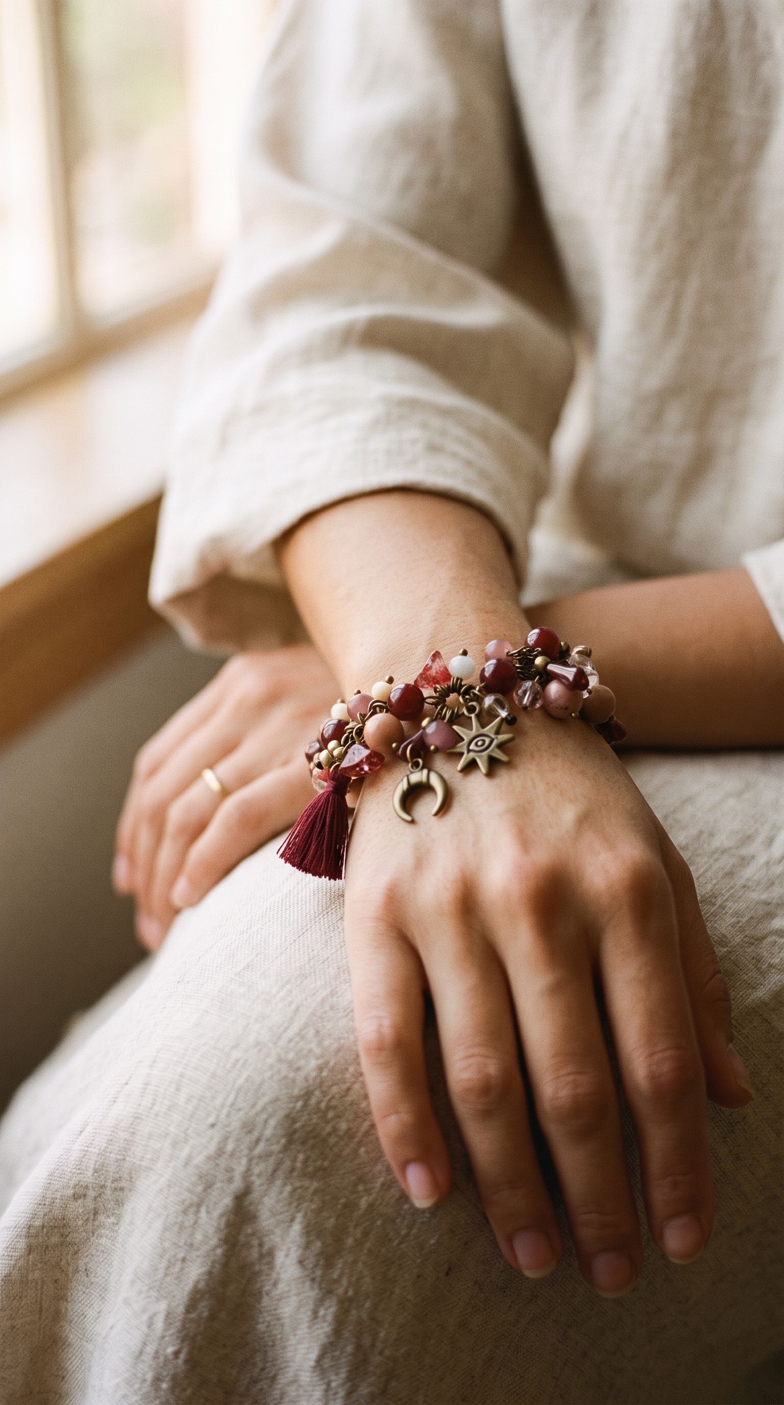 Muñeca con pulsera de dijes sobre lino claro